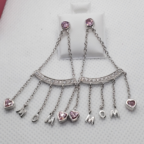 925 Silver Dangling CZ Hearts MOM Earrings - Picture 3 of 8